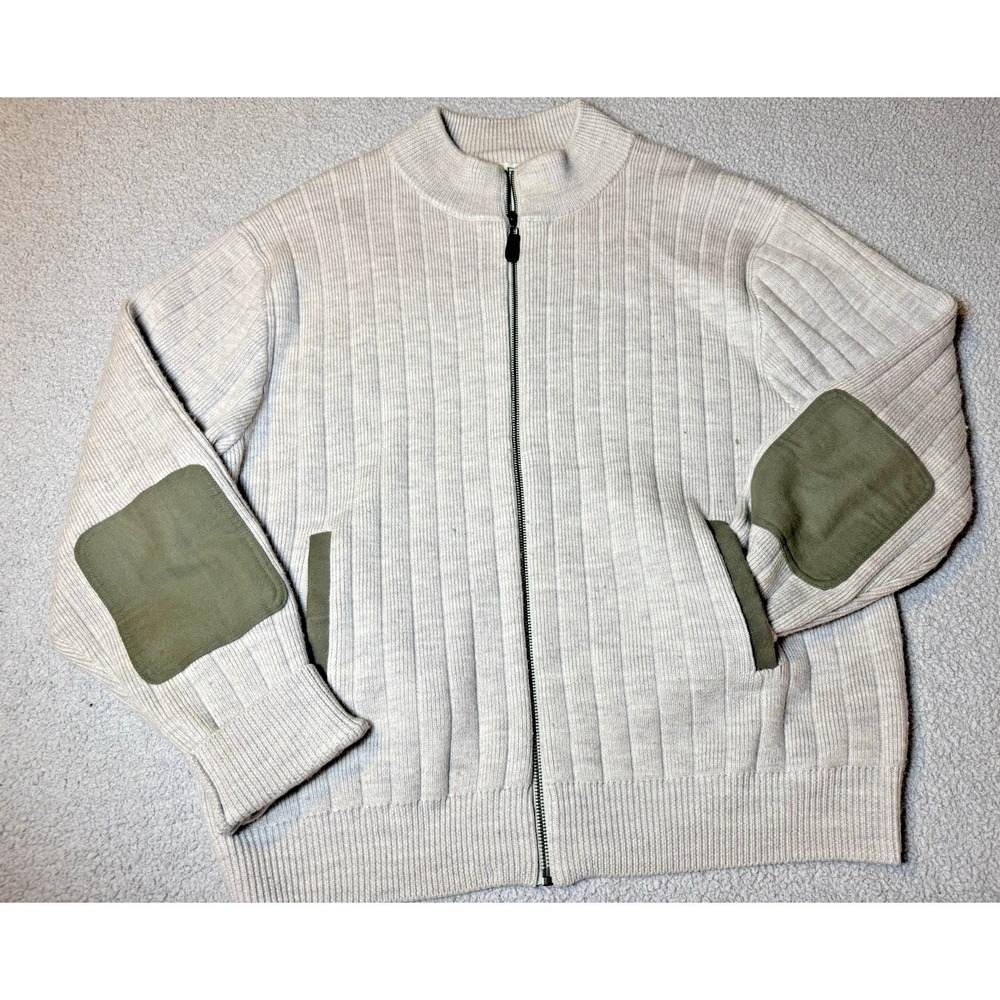 VTG Orvis Sweater Mens XL Wool Full Zip Cardigan Suede Patches Long Sleeve Cream